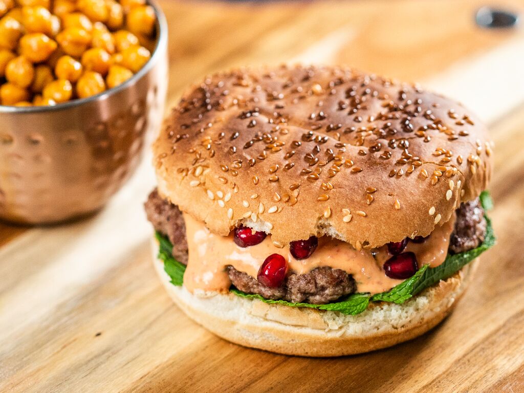 Hummus Lamb Burger with Fried Chickpeas