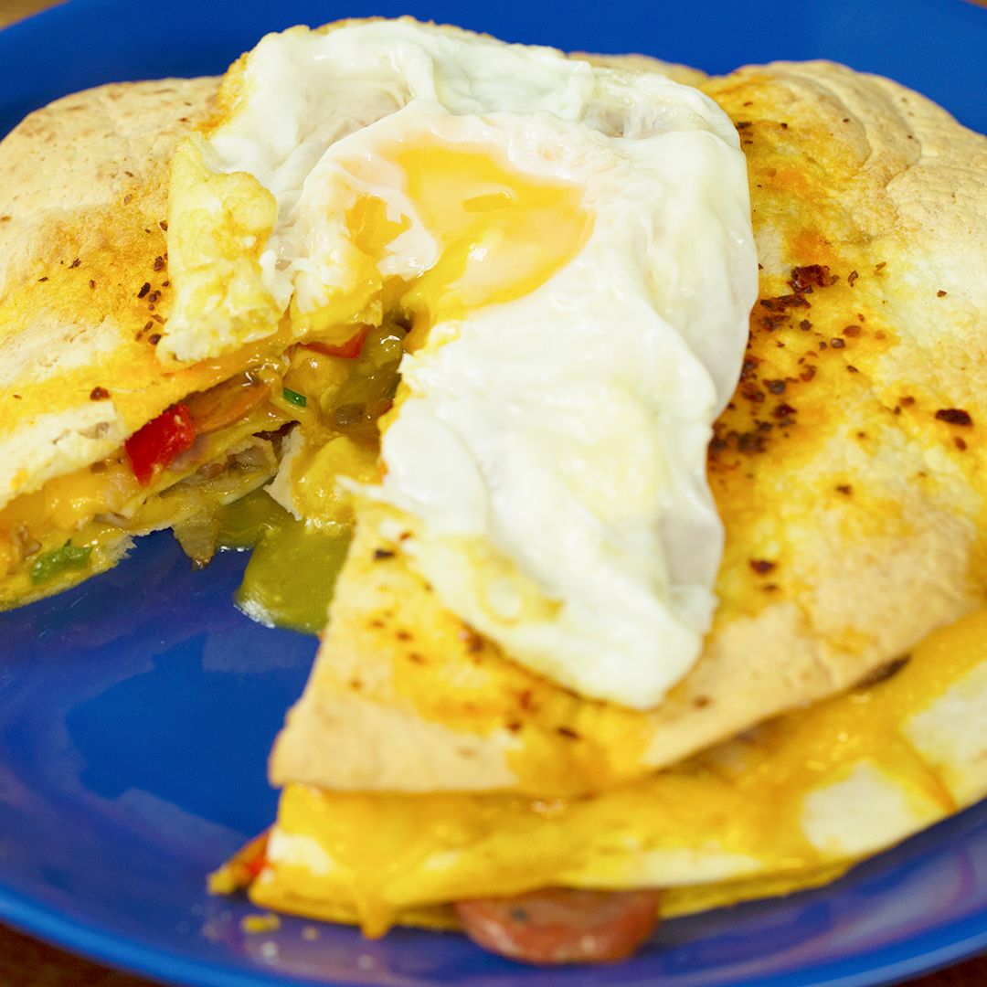 sausage-fried-egg-and-veggies-tortilla-stack