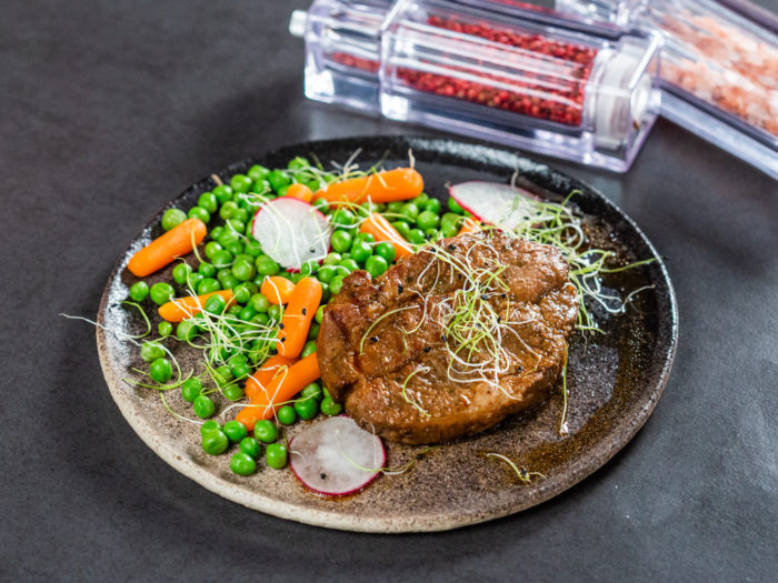 Grilled Pork Neck with Peas and Carrots