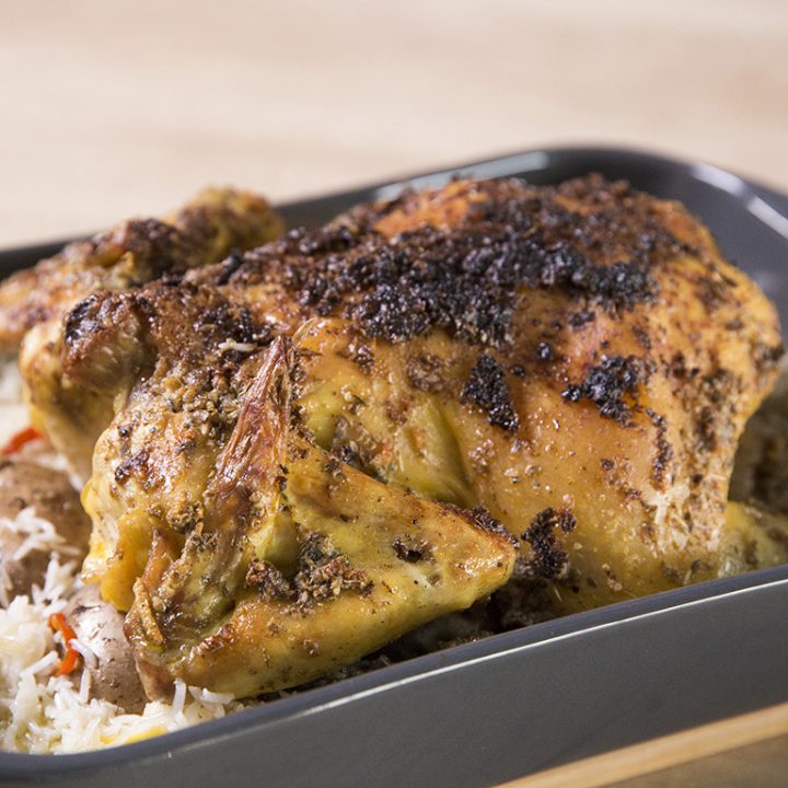 Oven-Roasted Whole Chicken with Rice and Potatoes