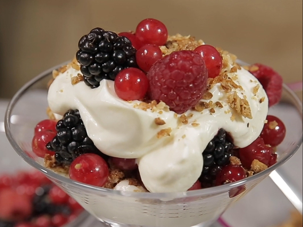 Coconut Walnut Crumbs with Forest Fruits and Whipped Cream