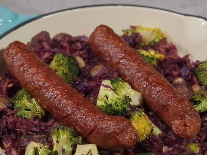 Smoked Sausages with Red Cabbage, Mushrooms, and Broccoli