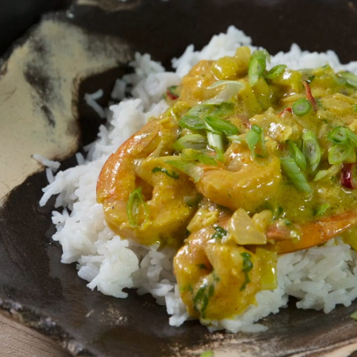 Shrimp and Celery in Spicy Coconut and Cashew Sauce