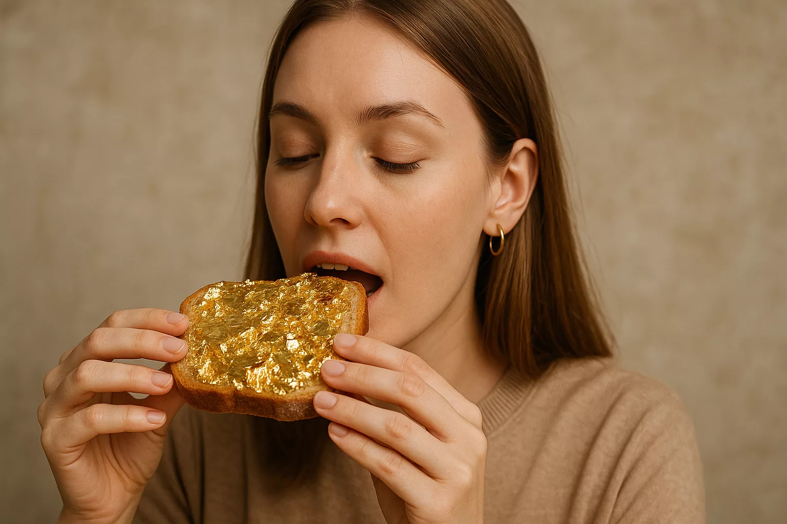 Woman eating a gold sandwich