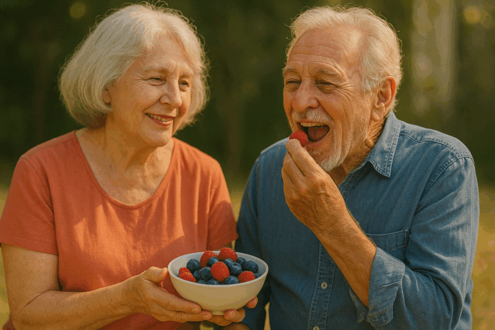 An old joyful couple sharing berries.