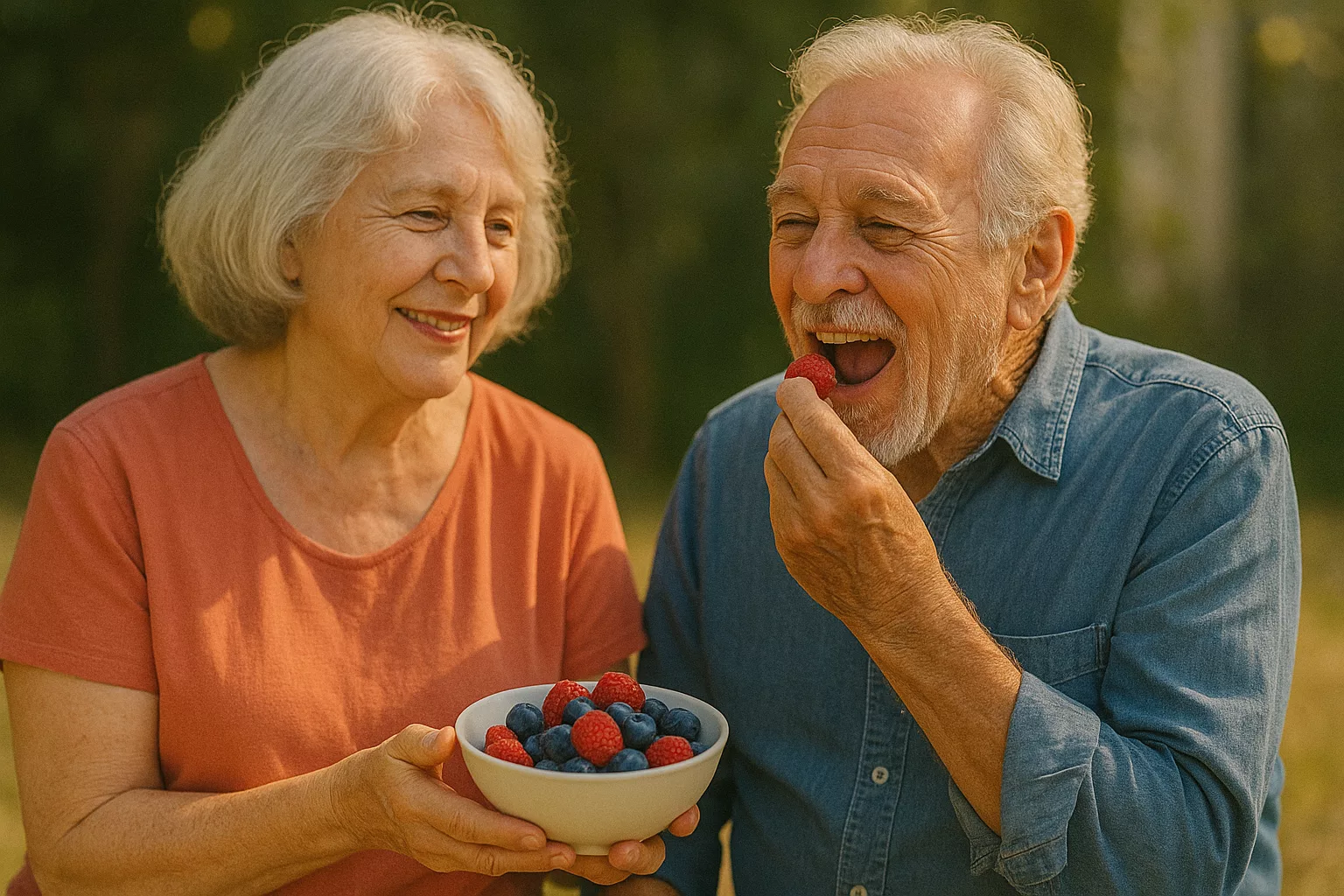 An old joyful couple sharing berries.