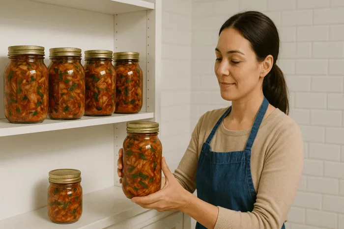 Woman storing kimchi jars